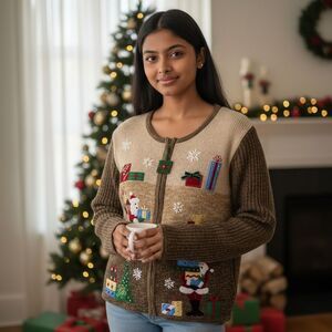 NEW Vintage Tiara International Christmas Embellished Zip Up Sweater Cardigan